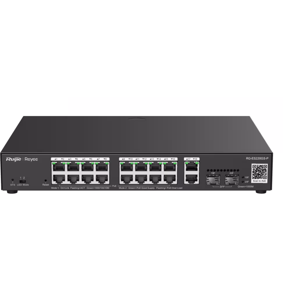 Reyee Switch 20 Ports GB 16 PoE 2RJ45 2SFP 250W [RG-ES220GS-P] - vue 2