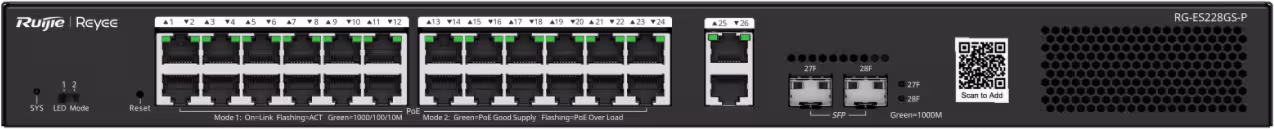 Switch Administrable Reyee  28 Ports - 24 PoE+ / 2SFP 370W [RG-ES228GS-P] - vue 3