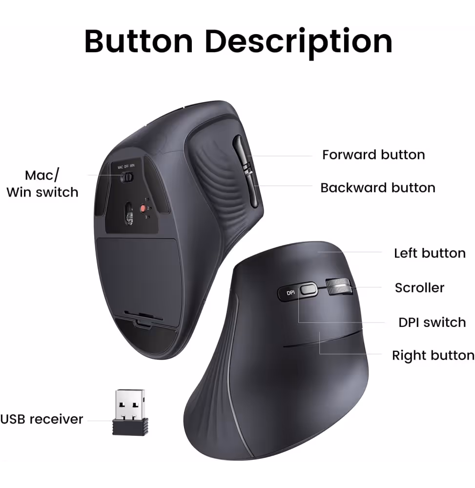 ugreen souris Vertical Sans fil noir MU008 [25444] - vue 5