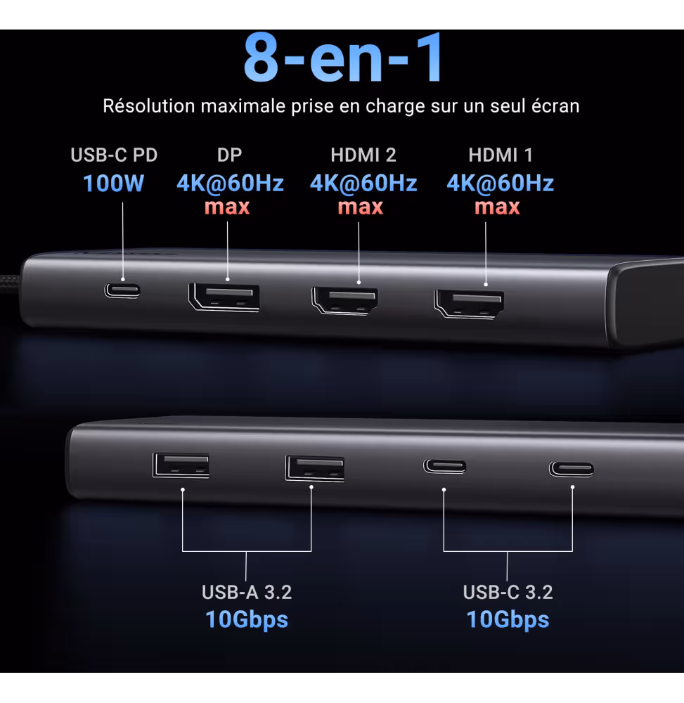Ugreen Station d accueil USB-C 8 en 1  HDMI 2 DP [35625] - vue 2