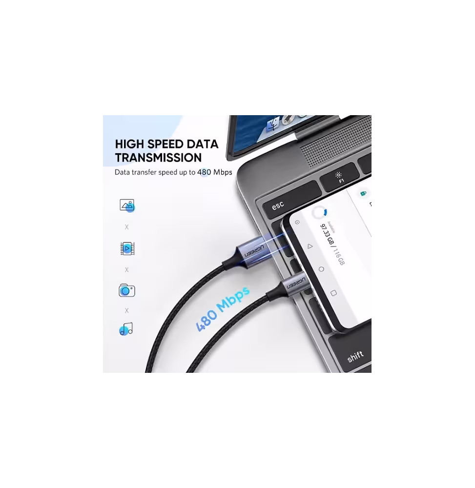Ugreen USB-A 2.0 to USB-C Cable  1.5m Noir [60127] - vue 2