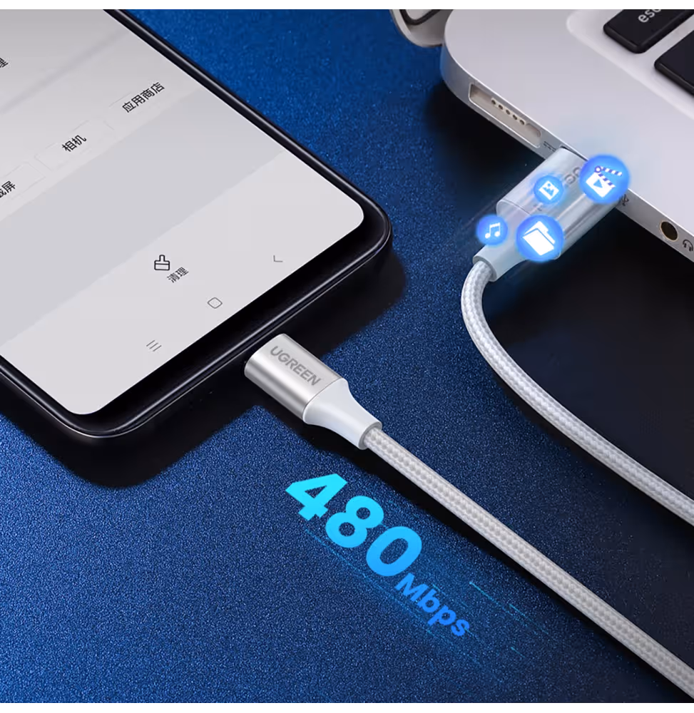 Ugreen USB-A 2.0 to USB-C Cable 1m Blanc [60131] - vue 3